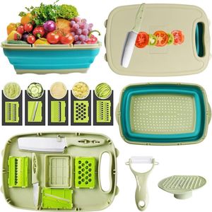 Snijplank, 9-in-1 opvouwbare snijplank, snijplankenset met groentesnijder, draagbare afvoermand voor camperaccessoires, outdoor, festivals
