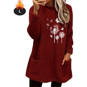 Nivard Teddytrui Dames - Teddy Sweater - Fluffy Trui - Hoodie - Winter - Met Print - Bordeauxrood - Maat S