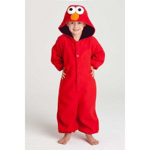 KIMU Onesie Elmo Pak - Maat 116-122 - Elmopak Kostuum Rood Sesamstraat Pak - Kinderen Huispak Pyjama Jumpsuit Jongen Meisje Fleece Muppet Festival