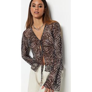 Trendyol Groene Flexibele Gebreide Blouse Met Dierenmotief En Gedetailleerde Tule Twoss23Bz00139