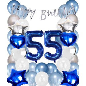 Snoes Ballonnen 55 Jaar Set Mega Blauw Zilver Ballon - Compleet Feestpakket Cijferballon 55 Jaar - Verjaardag Versiering Slinger Happy Birthday – Folieballon – Latex Ballonnen - Helium Ballonnen
