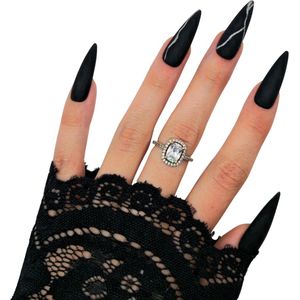 SD Press on Nails - B-287 - Plaknagels met nagellijm - XL Stiletto Kunstnageltips - Matte Zwart Zilver Marble - Set 20 Kunstnagels handgemaakt van gel polish - Halloween Gothic Accessoires
