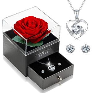 Eeuwige echte roos met hart halsketting en oorbellen van 925 sterling zilver, Infinity Rozen, sieraden geschenkdoos, rozenbox verjaardag, Valentijnsdag, huwelijkscadeau voor je vriendin en vrouwen