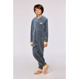 Woody onesie velours unisex - antraciet-geel gestreept - kat - 252-10-ONE-V/916 - maat 116