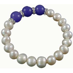 Zoetwater parel armband Pearl Blue Jade - echte parels - jade - wit - blauw - stras steentjes - elastisch