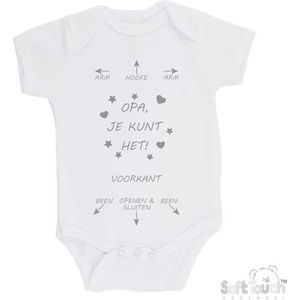 100% katoenen Romper ""Arm - Hoofd - Arm - Opa, je kunt het! - Been - Openen & Sluiten - Been"" Unisex Katoen Wit/grijs Maat 62/68