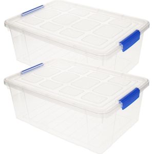 2x stuks Opslag/opberg bakken/kisten/manden met deksel 37 x 26 x 14 cm transparant - Opbergbakken