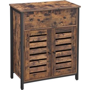 Zijkast, Dressoir Met Plank En Lade, Keukenkast, Met Lamellen Deuren, Woonkamer, Vintage Bruin-Zwart