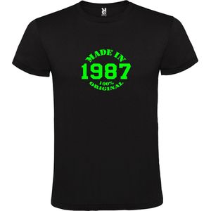Zwart T-Shirt met “Made in 1987 / 100% Original “ Afbeelding Neon Groen Size XL