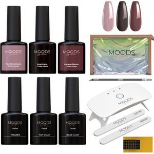 Moods Gellac BIAB Starter Pakket – Coffee Nude - Builder in a Bottle – BIAB Nagellak – Inclusief UV/LED Lamp, Bokkepoot, Nagelvijl, Primer, Base en Top Coat