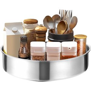 Lazy Susan draaitafel, draaibaar kruidenrek, 360 graden draaibaar kruidenrek voor keuken, voorraadkast, kast, tafel, werkblad, roestvrij staal, 25 x 25 x 5,8 cm (wit)