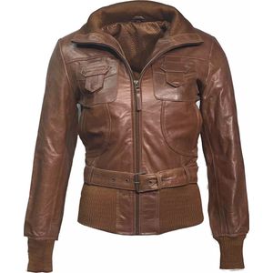 Dames bruine korte bomber leren jas met capuchon – Gerona – S
