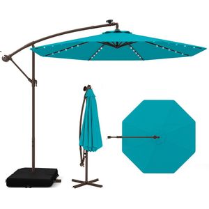 COSTWAY Tuinparasol met zandzakken, 300 cm parasol met 40 solar-LED-lampjes en zwengel, UV-bescherming, marktparasol, terrasparasol voor tuin, zwembad, terras