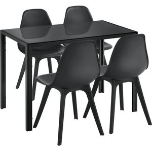 In And OutdoorMatch Eethoek Darryl - Glazen eettafel - Met 4 zwarte stoelen - Hoogwaardig design - Stijlvolle uitstraling