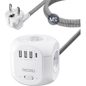 8-in-1 Cube Stopcontact - Meervoudige Stekkerdoos met USB - LENCENT Power Strip - 4 Voudige Stopcontacten - 3 USB - 1 Type C - Schakelaar - Wandstopcontact - 2M Gevlochten Kabel