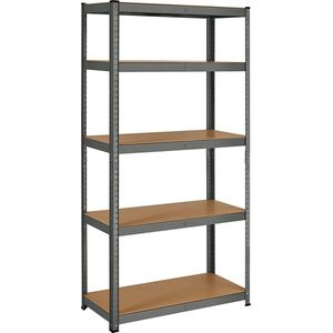Hoppa! Magazijnstelling - Opbergrek, stellingkast, werkplaatskast 180x90x40 cm, BxDxH), belastbaar tot 875 kg (175 kg per plank), 5 verstelbare legplanken, metalen legplank, legplank zonder bouten, zwaar rek voor zwaar gebruik Metaal/Hout, Grijs