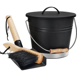 Asemmer met deksel - schop en handbezem - gegalvaniseerde stalen metalen houtskoolcontainer - kolenemmer met handvat - gereedschapsset accessoires voor open haard - binnen en buiten vuurplaats