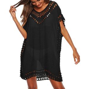 Allecto Plus - Zwarte Gehaakte V-hals Beach Cover-up voor Vrouwen met Korte Mouwen