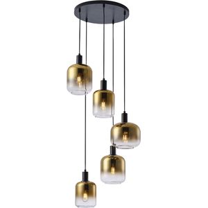 Moderne glazen hanglamp Dentro | goud / zwart / transparant | vijf lichtpunten | glas / metaal | Ø 40 cm | H 350 cm | woonkamer lamp / vide lamp | modern design