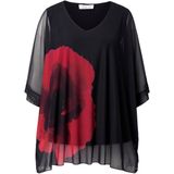 MIAMODA - Dames - Mesh blouse oversized bloemenprint ondoorzichtige jersey top - Zwart - Maat 42+