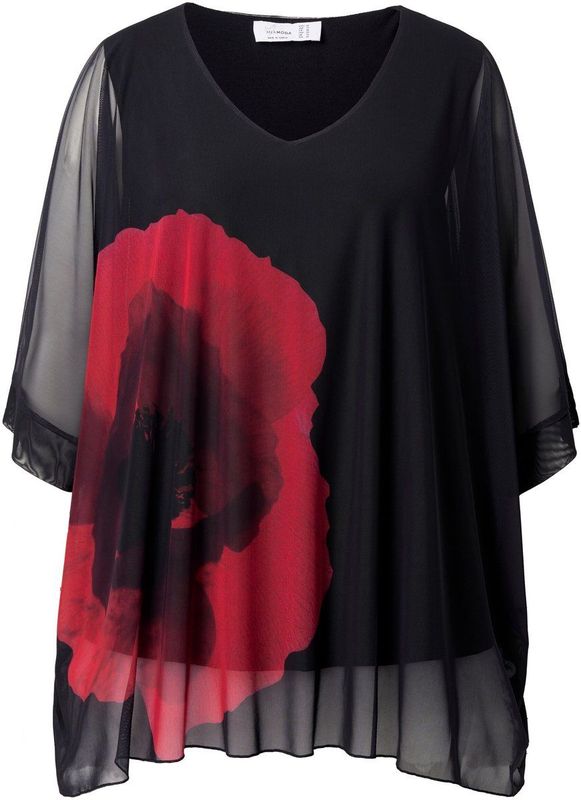 MIAMODA - Dames - Mesh blouse oversized bloemenprint ondoorzichtige jersey top - Zwart - Maat 42+
