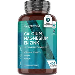 WeightWorld Calcium, Magnesium en Zink met vitamine D3 - 400 vegan tabletten voor meer dan 1 jaar voorraad
