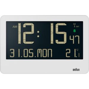 Braun BC14W-DCF - Wandklok - Tafelklok - Digitaal - LCD - Radiogestuurde tijdsaanduiding - Kalender- en temperatuurfunctie - Pieptoonalarm • 12/24H - Uitklapbare standaard - Wekkerfunctie - Snooze - Wit