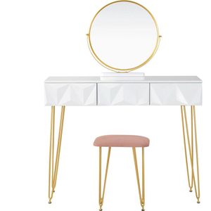 Make-up Tafel - Kaptafel - Met Spiegel - Dressoir - Luxe Kaptafel - Slaapkamer - Moderne look - Wit/Goud/Roze