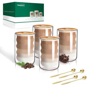 dubbelwandige koffieglazen - cappuccinokopjes - spiraalvormige - thermoglazen - theeglazen van borosilicaatglas - 4 stuks 400ML - met 4 lepels