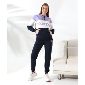 Loxxey® - Katoen - Yourself - Vrijetijdspak - Joggingpak - Huispak - Home Wear - Hoodie - Trainingspak - Tracksuit - 1 Set (2 Delig) - Dames - Maat S – Lila/ Marineblauw - Nieuw Seizoen!!