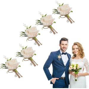 5PCS Rose Wedding Boutonniere - Witte Handgemaakte Corsage Bloemen - Kunstmatige Bruiloft Accessoires - voor Mannen Bruidegom Bruid - Pak Jurk Banket Party .