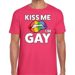 Kiss me i am gay t-shirt roze voor heren - Gay pride kleding XXL