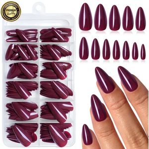 GUAPÀ® Plaknagels Amandel Bordeaux Rood Paars 120 stuks | Valse nagels | Press On Nails | Zelfklevende Plaknagels | Nepnagels | Kunstnagels | Compleet plaknagels starterspakket | Nagels Wraps | Nageltips | 120 stuks Plaknagels Rood Amandel