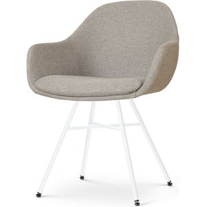 Nolon Noa-Mae Eetkamerstoel Warm Grijs - met Armleuning - Stof - Wit Metalen Poten - Design - Scandinavisch - Comfortabel