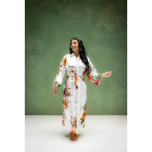 Kimono satijn dames - zomer strandjurk - Santorini Wild roses Pure white - wit - lang model - superzacht satijn - one size