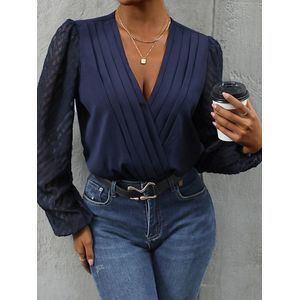 Damestops Diepe V-hals Kruiswikkel Sexy Tops Polka Dot Mesh Lange Mouw T-shirt Casual Blouses