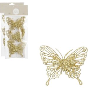 House of Seasons kerstboomversiering vlinders op clip - 3x st - goud - 10 cm