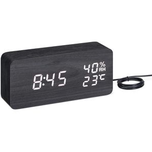 Navaris digitale wekker - LED alarmklok in houtlook - Met temperatuurweergave en vochtigheidsgraad - 3 alarmen en 6 brightness settings - Zwart/Wit