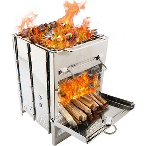 Opvouwbare Barbecue Grill met Draagtas - 15 x 15 x 21 CM - RVS - Draagbare Houtkachel - Camping Kooktoestel - Fornuis Voor Kamperen - Mini BBQ - Zilverkleurig