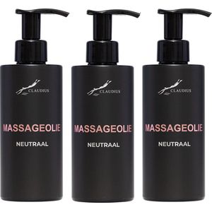 Massageolie Neutraal 300 ml - met pomp - zwarte fles - 100% natuurlijk - biologisch en koud geperst - set van 3 stuks - Voordeelverpakking