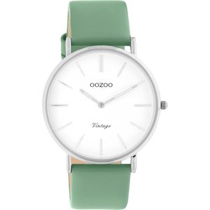 OOZOO Vintage series - Zilveren horloge met groene leren band - C20251