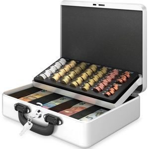 ACROPAQ Geldkistje - Premium, Geldkist met sleutel, 30 x 25 x 9 cm - Geldkluis met muntsorteerder, Geldlade - Wit