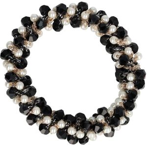 Haarsoires Haarelastiek – Bedekt met Facetkralen & Parelkralen – Zwart Wit
