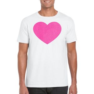 Bellatio Decorations Verkleed T-shirt voor heren - hartje - wit - roze glitter - carnaval/themafeest XXL