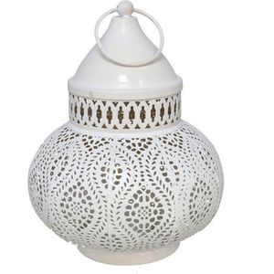 Tuin deco lantaarn - Marokkaanse sfeer stijl - wit/goud - D15 x H19 cm - metaal - buitenverlichting - buitenverlichting