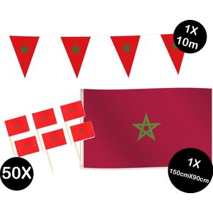 Landen versiering pakket Marokko- gevelvlag Marokko(150cmX90cm)-prikkertjes Marokko(50stuks)-vlaggenlijn Marokko(1stuks)-wereld party decoratie (Marokko)