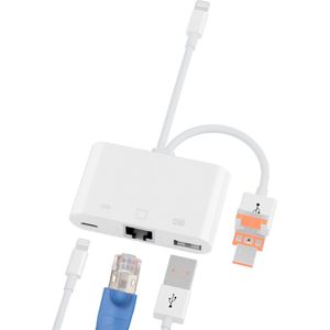 8-Pin (Lightning) + USB-C + USB naar 8-Pin (Lightning) + Ethernet (RJ45) + USB kaartlezer adapter kabel - Internet - geschikt voor o.a. iPhone en Laptop - wit