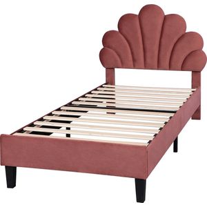 Merax Gestoffeerd Kinderbed 90x200 cm - Velvet Bed met Bloemvormig Verstelbaar Hoofdbord - Rood