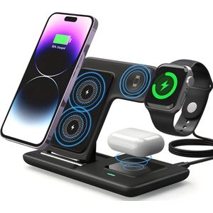 PolkaHome 3-in-1 Opvouwbaar Draadloos Oplaadstation – Magnetisch Snelladen voor iPhone, Samsung, AirPods, iWatch & Andere Qi-Compatibele Apparaten