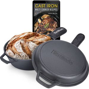 Gietijzeren pan voor het bakken van brood | Dutch Oven (3,5 liter) | 2-in-1 combi-fornuis | gecoate gietijzeren pan (26 cm) + gripcoating + e-book met 50 recepten